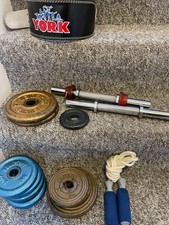 bundle vintage Weider / Body Sculpture cast iron weight plates, barbells, belt