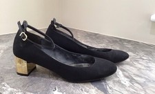M&S Limited Edition Black Suede Size 6 Shoes .Ankle Strap Gold 2ins Block Heels