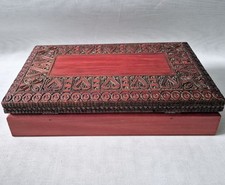 Vintage Handmade Carved Burgundy Wooden Trinket Storage Box Home Decor VGC