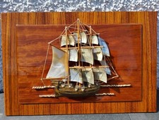 Handmade 3D Sailing Ship On Wooden Board 19.75" x 13" - Needs TLC