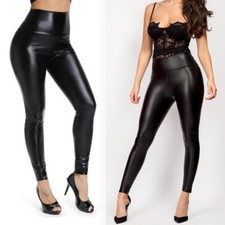 Black Wet Look Leggings High Waist Faux Leather Ladies Stretch Pant PVC Trousers