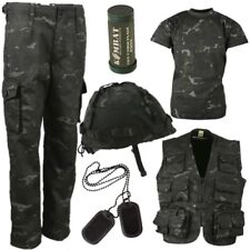 BOYS ARMY OUTFIT KIDS 3-13 TROUSERS T-SHIRT HELMET VEST TAGS PAINT BLACK CAMO