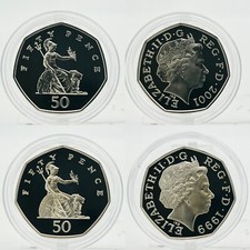 1999 2001 Royal Mint Britannia Base Metal BUNC Proof 2 X 50p Fifty Pence Coin