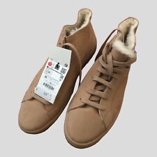 ZARA Pale Nude Blush Nubuck Suede Ankle Boots with Faux Fur Lining UK 6 (EU 39) 