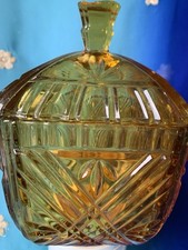 Vintage Pressed Amber Glass Candy Dish Bowl With Lid 17cm Tall