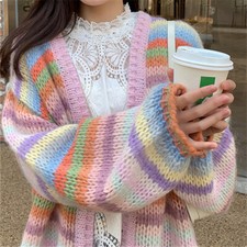 Women Rainbow Striped Cardigan