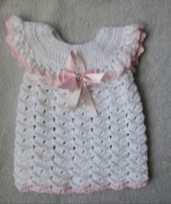 Hand Made Crochet Baby Dress  0/3 Months Whitewith Pink Trms