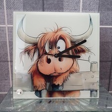 HIGHLAND COO  TEMPERED GLASS CLOCK  20CM  SQUARE,  FREESTANDING 