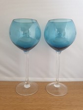 2x Vintage Mcm Bohemian Lead Crystal Blue Glass Wine Goblets Etched Starburst