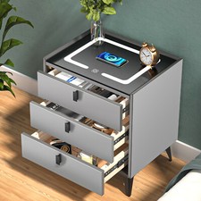 LED Bedside Table Wireless Charging Side Cabinet Nightstand with 3 Drawers Gray