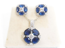 Ladies Solid 925 Silver Blue & White Sapphire Earring Pendant Necklace Set