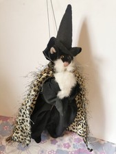 Vintage Witch Kitty Cat Doll On Broomstick Hanging, 1990s Halloween Decor  