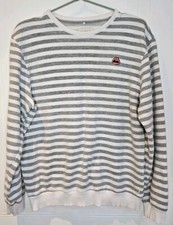 Mens BLEND Grey Striped Sweater Vampire Fangs Lips Badge Jumper Size Medium