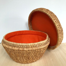 Raffia Lidded Sewing Basket Woven Straw Orange Lining Storage Crafts 30x16cm