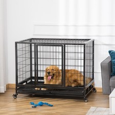 Dog Cage Pet Metal Heavy Duty with Wheels and Crate Tray for Kennel Black M L