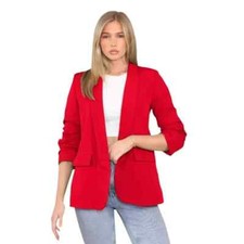 New Women's Ruched Sleeve Blazer Collared Casual Formal Lined Jacket Ladies Top
