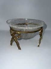 Beautiful Vintage Crackled Glass Bowl With Brass Bow Stand Dish Sweets Candles 