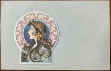 ART NOUVEAU PPC ALPHONSE MUCHA TYPE DESIGN FEMALE SIDE PROFILE & HALO P.M & CO