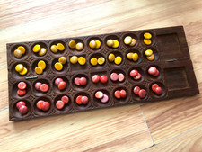 Vintage hand-carved wooden Bao/Mancala board game with 64 glass beads, African?