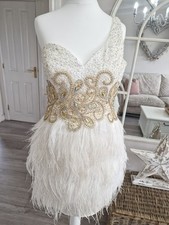 Jovani White & Gold Heavily Embellished Feather Skirt Occasion Dress Size 10