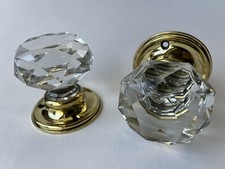 Antique Old Victorian Pair Crystal Cut Glass Brass Door Knobs Handles (GK111)