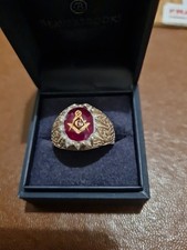 Masonic Used Silver Ring Inset Ruby Color Stone & Gold Color Square & Compass.