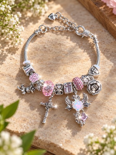 Silver pink charm bracelet - pink,