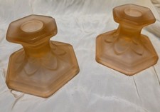 Antique Frosted Rose Pink Glass Candlesticks. Perfect Condition. Art Deco?