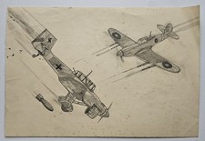 WW2 pencil drawing – Spitfire vs Ju 87 Stuka dogfight, original aviation art