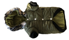 Petsoo Quilted Dog Coat Small Khaki Green Fleece Lined Parka Style Faux Fur Hood