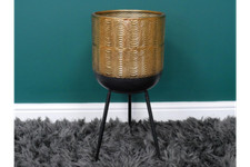 52cm Gold Ribbed Metal Tripod Planter Freestanding - Contemporary Design