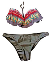 Primark UK 32A/Large Black Multi Tribal U/W Boost Padded Halterneck Bikini Set