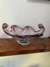Murano Italian Art Glass Basket Hand blown Purple Pink Folded Glass Large