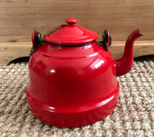 Vintage Large Red Enamel Stove Top Teapot Kettle Made In Poland Kitchenalia