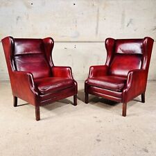 Matching Pair of Danish 70s Highback Deep Red Leather Armchairs #A119