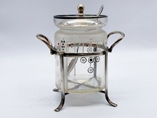 ANTIQUE ART DECO GLASS PRESERVE CONSERVE POT LIDDED SILVER PLATE STAND