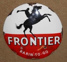 Vintage 1950s American Frontier Rarin'-To-Go Enamel Gasoline / Gas Pump Sign