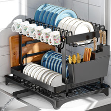 2 TIER KITCHEN SINK DISH DRAINER RACK WITH DRIP TRAY HOLDER PLATE CUTLERY RACK