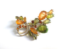 Vintage Exquisite Brooch Signed Green Orange Banded Glass 7cm Large