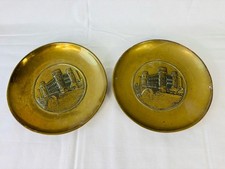 Pair Of Vintage Embossed  Castle Scene Brass Wall Hanging Plates, Cottage Decor