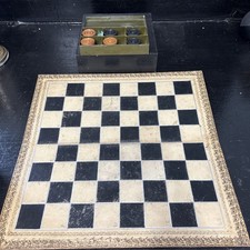 Vintage Draughts Board & Wooden Draughts Pieces In Khaki Tin