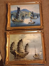 Two Vintage Gilt Framed Signed Oil On Canvas Pictures, Junk Boats, Oriental 