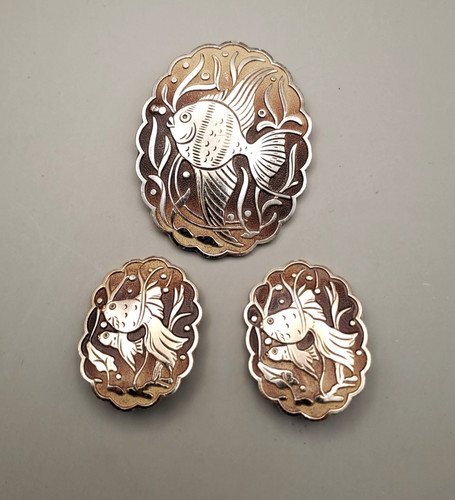 Damascene fish brooch earrings - damascene,