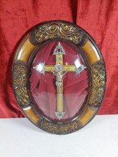 Antique Crucifix Under Domed Glass In Carved Wooden Frame