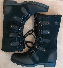 NEW Sorel Emelie Boots Lace Up Fur Black Womens Size 7 RRP £185