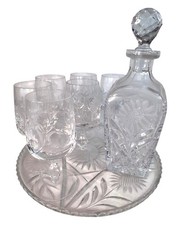 Bohemian Crystal Cut Patterned Glassware Set Glasses (6) Decanter Serving Tray 