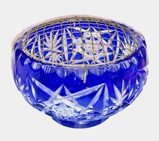 Webb Continental Czech Blue Cut to Clear Crystal Glass Rose Bowl RefB 