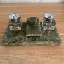 Vintage Onyx Marble Desk Set with 2 Inkwells & Blotter Green