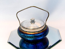 Loetz Style Bohemian Glass Iridescent Sweetmeat Dish with Silver Lid & Handle