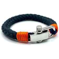 Men's Nautical Rope Bracelet Steel D-Clasp Navy Blue Braided Rope & Orange 21cm
